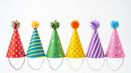 Obraz premium Colorful cone party hats in a row isolated on white
