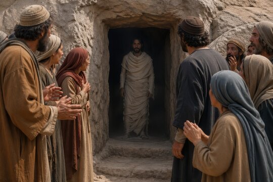 crowd gathers in astonishment as lazarus steps from the tomb wrapped in burial cloth, a biblical resurrection scene expressing miracle, faith, witness and human wonder
