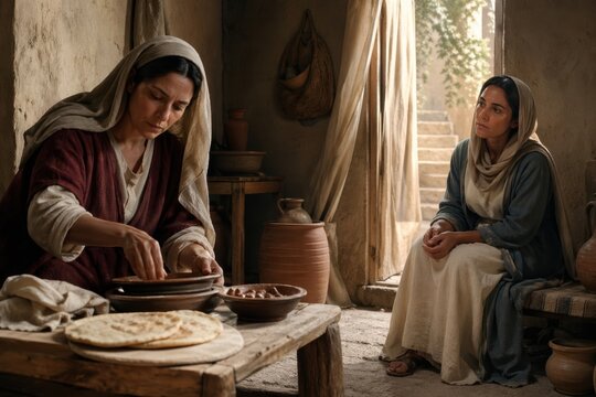 inside a humble home, one woman serves at a table while another listens quietly, a martha and mary scene expressing hospitality, devotion, service and spiritual attention