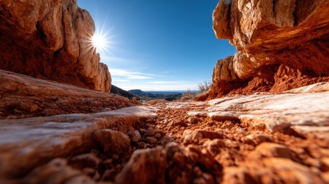 An expansive view of rocky terrain illuminated by the sun, evoking a sense of adventure and exploration in nature's remarkable beauty and geological formations.