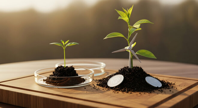 Visionary Low-angle cinematic of A rare medicinal sapling growing in a futuristic glass petri dis...