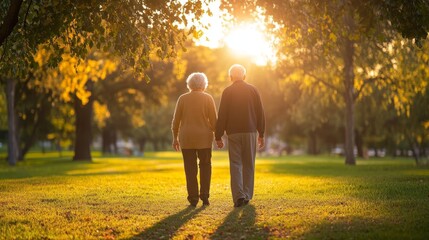 Obraz premium Elderly couple walks hand in hand through a sunlit public park during a peaceful afternoon, showcasing a lasting bond and companionship in their golden years.