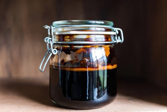 Rich dark molasses in a vintage glass jar with a wire bail lid, rustic kitchen storage