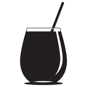 Black silhouette of a glass with dark liquid and straw isolated on white background