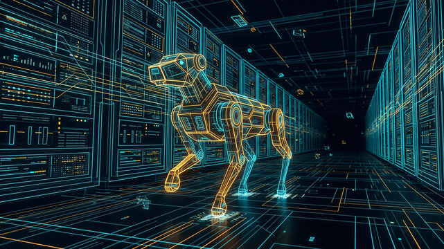 Futuristic neon wireframe illustration of a robotic dog patrolling a digital server room