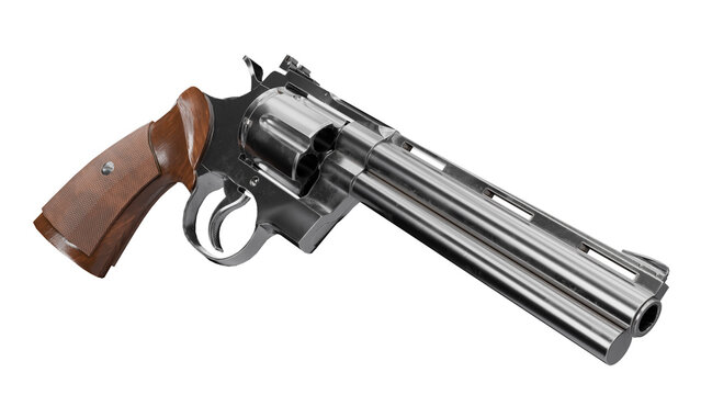Detailed close-up of a realistic silver revolver weapon.