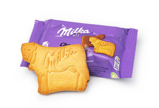 Milka chocolate cow biscuit and purple packaging