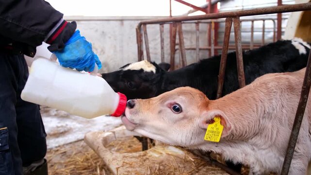 Two young calves standing side by side drinking milk from bottles in a farm pen. Scene shows animal care, livestock feeding and dairy farming practices in a rural agricultural setting.