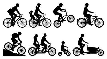 Obraz premium Collection of silhouettes of people riding various types of bicycles and a tricycle