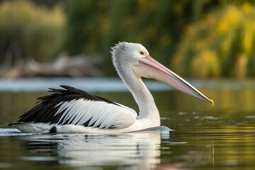 Fototapeta premium Australian pelican swimming in a calm pond with green trees
