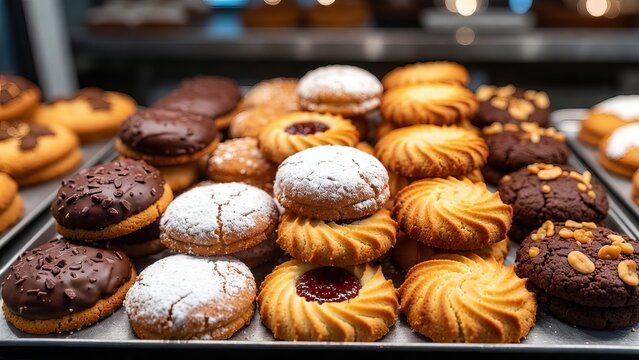 Assortment of fresh baked cookies with chocolate icing and powdered sugar displayed on a tray