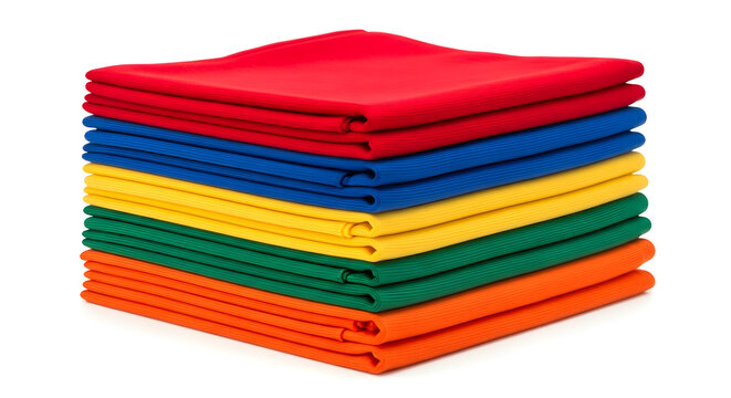 A stack of colorful folded cloth napkins in red, blue, yellow, green, and orange hues.