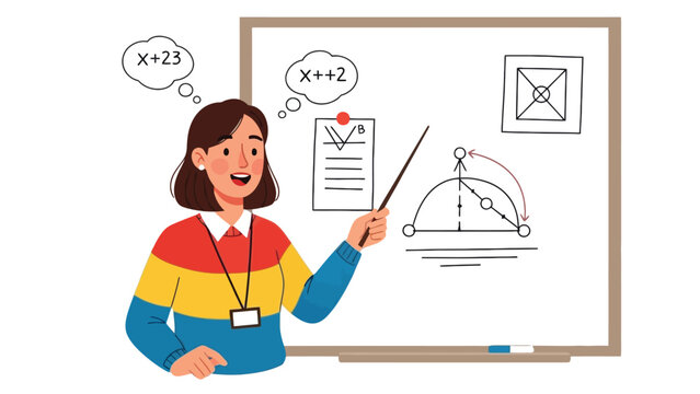 Female teacher explaining math concepts on a whiteboard with diagrams