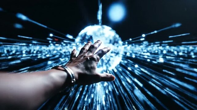 A hand reaching out to a glowing blue orb with lines radiating from it.
