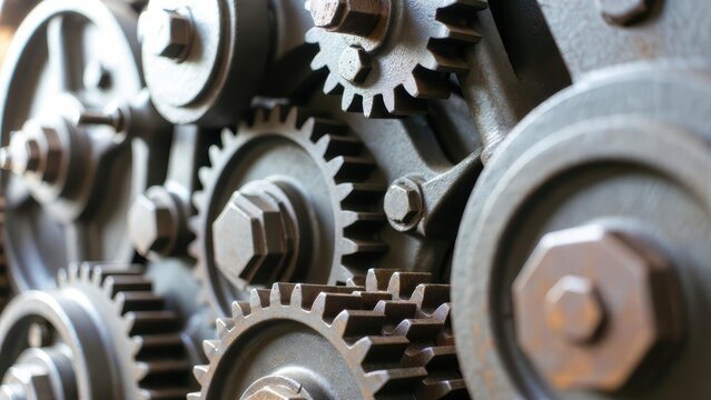 Close-up macro shot of rusty, interlocking metal gears and bolts in a complex machine