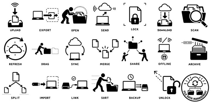 ファイル・データ管理アイコンセット（アップロード・同期・共有・バックアップ）、File Data Management Icon Set (Upload, Sync, Share, Backup)