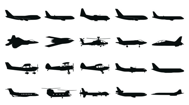 Collection of airplane silhouettes flying.