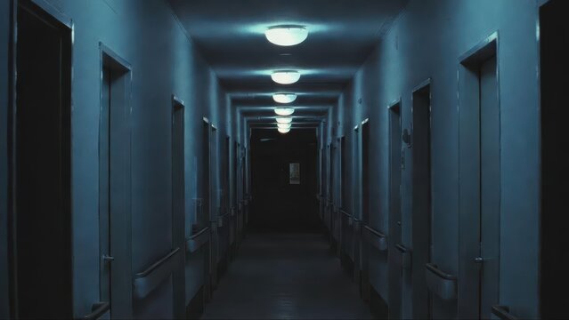 Dimly lit, long, narrow, institutional hallway with doors and overhead lights