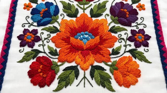 Colorful floral embroidery on white fabric.