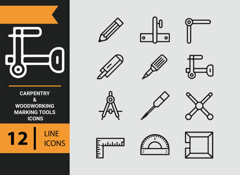Carpentry Woodworking Marking Tools Outline Icons for Craft Precision