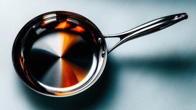 A sleek stainless steel frying pan, beautifully reflecting light against a modern blue backdrop, emphasizing both elegance and utilitarian design in kitchen essentials.