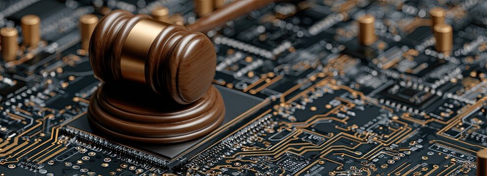 A wooden gavel rests on a complex electronic circuit board