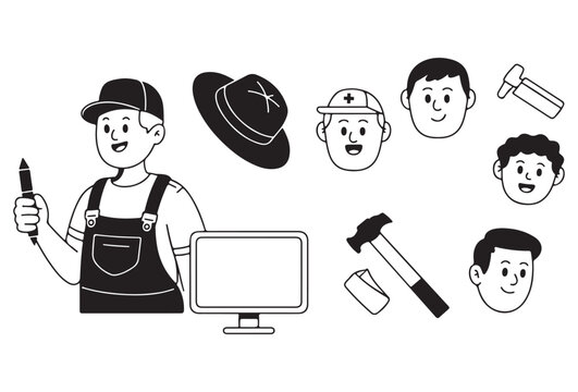 Character Creator Kit with Different Faces and Work Tools Vector