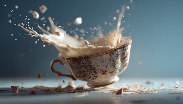 Creamy liquid splashes from a fractured, ornate porcelain cup onto a reflective surface