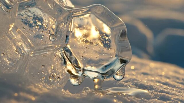 Close-up of melting ice cube on surface.