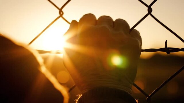 Hand on fence at sunset freedom.