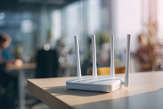 Modern Wireless Router with Antennas on a Wooden Table.