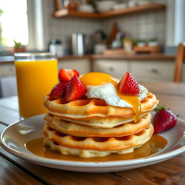Waffles Esponjosos con Yema L&iacute;quida y Jugo de Naranja