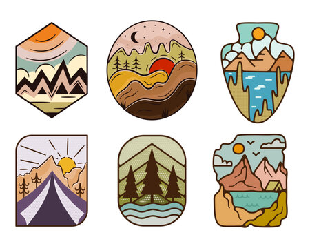 Six decorative badges featuring stylized mountain peaks and wilderness forest scenes in a clean vector design.