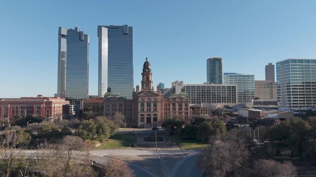 Fort Worth, Texas &ndash; February 18, 2026: Tarrant County Courthouse with downtown Fort Worth buildings in the background.