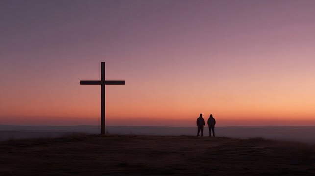 Two silhouettes stand near a cross against a vast colorful gradient sky at sunrise or sunset on a hilltop