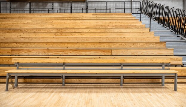 Empty wooden bleachers and polished floor in a gymnasium