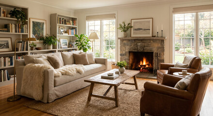 Fototapeta premium Modern cozy living room interior design with warm stone fireplace, comfortable sofa and built-in bookshelves