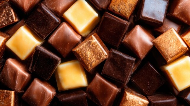 An enticing array of assorted chocolates showcased in various shapes and colors, inviting indulgence and sweetness while bringing a rich texture to the visual experience.