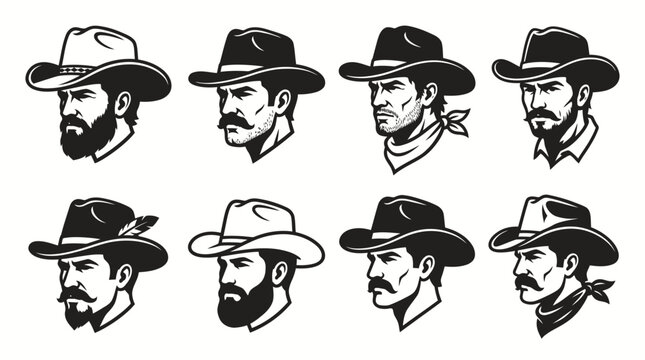 Collection of eight black and white cowboy head illustrations with hats and various facial hair styles, depicted in a classic western graphic art style.
