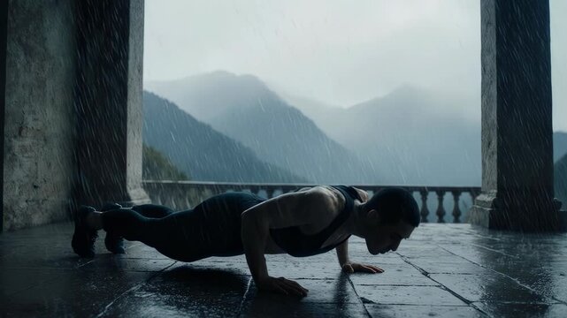 man performing push ups on a mountain during rainy weather, intense outdoor fitness lifestyle under the rain, determined athlete training in nature with moody atmospheric background.