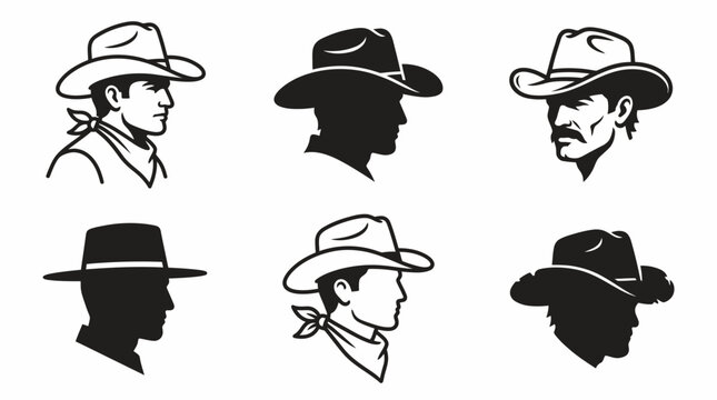 A collection of six distinct cowboy hat and profile illustrations, featuring both line art and silhouette styles.