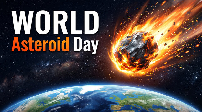 Asteroid day text with flaming meteorite entering earth atmosphere