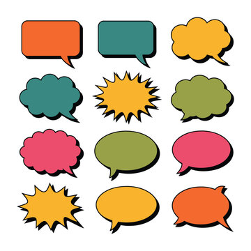 Speech bubble vector icons in various colors and shapes for dialogue