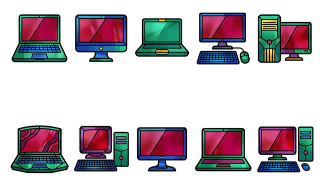 Set of computer icons in vibrant green and red stained glass aesthetic on white background.