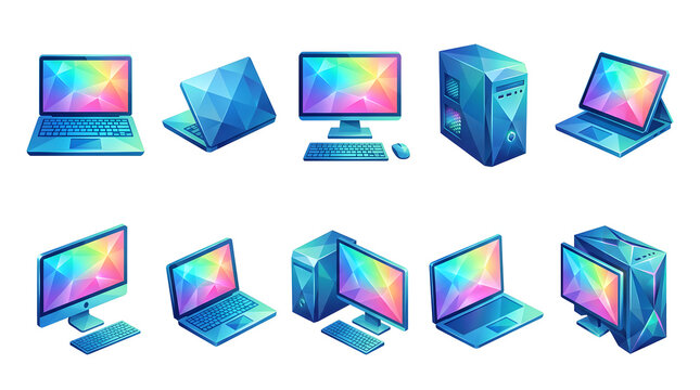 Geometric crystal faceted computer hardware in blue and purple hues, futuristic technology concept.