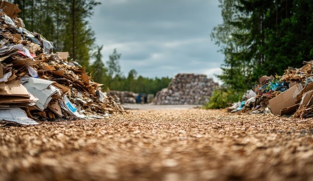 Mountains of recycled paper and plastic at a recycling facility under a cloudy sky