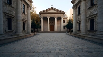 Fototapeta premium A symmetrical perspective down a paved plaza toward the imposing entrance of a grand classical stone structure