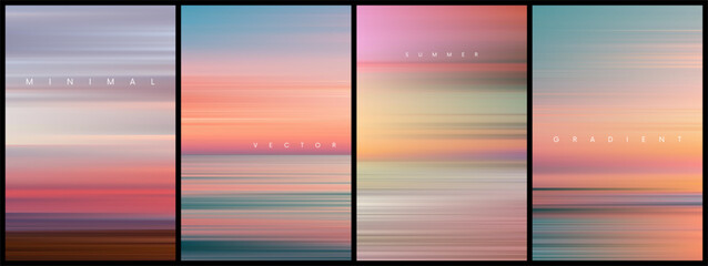 Naklejka premium Set of summer gradient posters in minimal style. Beautiful ocean beach horizon with sunrise or sunset. Trendy design with ambient soft blurred background for banner, flyer, cover or invitation. Vector