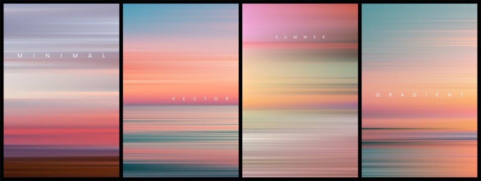 Set of summer gradient posters in minimal style. Beautiful ocean beach horizon with sunrise or sunset. Trendy design with ambient soft blurred background for banner, flyer, cover or invitation. Vector