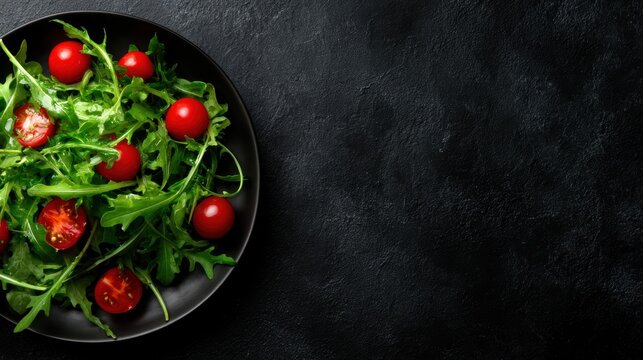 A visually striking dish of fresh arugula salad topped with vibrant cherry tomatoes, elegantly arranged on a black background that enhances its colors and appeal.